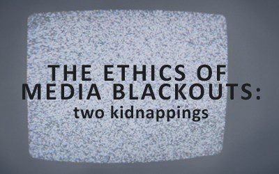 Decorative title image for "The Ethics of Media Blackouts: two kidnappings" with the title over a faded image of a fuzzy, off centre tv screen.