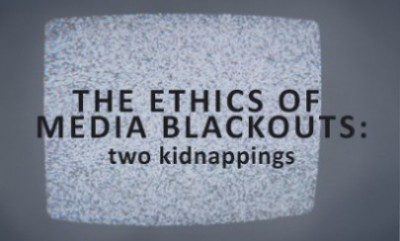 Decorative title image for "The Ethics of Media Blackouts: two kidnappings" with the title over a faded image of a fuzzy, off centre tv screen.