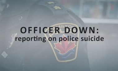Decorative title image for "Officer Down: reporting on police suicide" with the title over a faded image of a Hamilton police officer's shoulder badge..