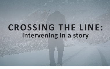 Decorative title image for, "Crossing the Line: interviewing in a story," with the title text over a faded image of a man walking away in the snow.