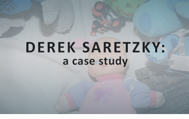 Decorative title image for the Derek Saretzky Case Study with the title over a faded image of a bloody doll on a bed.